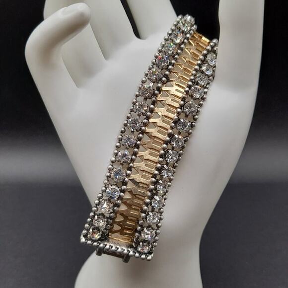 Stella & Dot Rhinestone Wide Bracelet, Two Rows Clear Rhinestones, 6 3/4 Inch - Picture 2 of 12